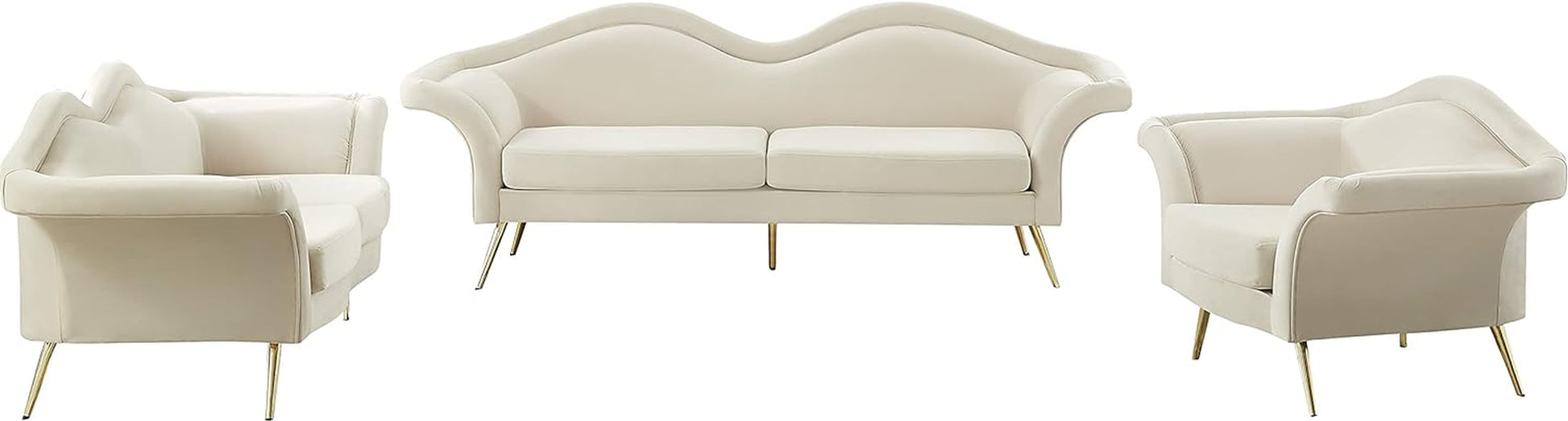 Lips Collection Velvet Upholstered Loveseat with Sturdy Gold Metal Legs, Cream