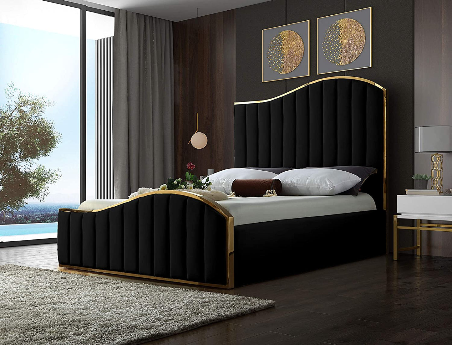 Jolie Collection Modern | Contemporary Velvet Upholstered Bed with Channel Tufting, and Polished Gold Metal Frame, Black, Queen