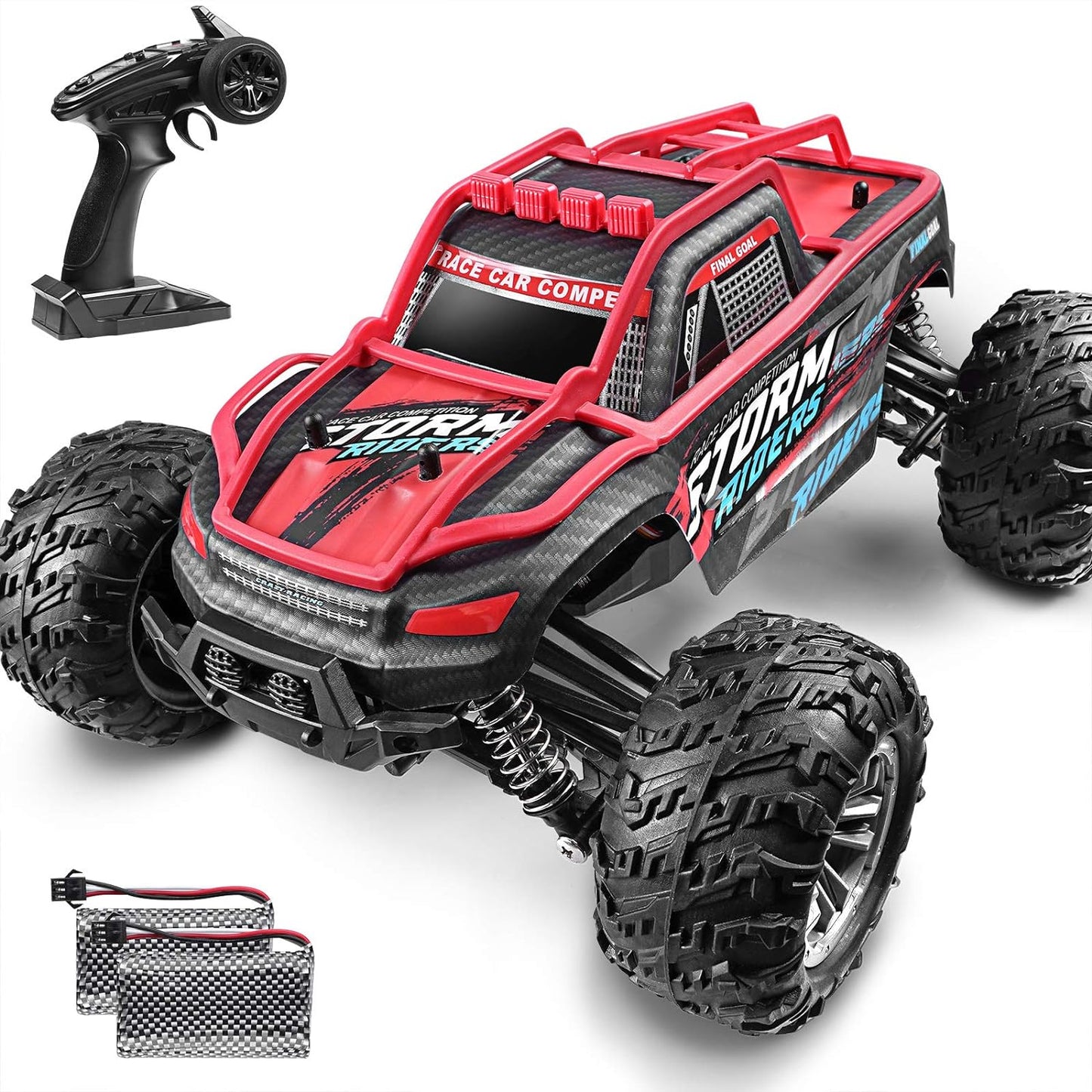 1:14 Large Scale High Speed Monster Truck Rock Crawler, Remote Control 4WD 36Km/H Off-Road RC Car Hobby Truck with 2 Rechargeable Batteries, All Terrain, Toys for Boys Kids and Adults Red