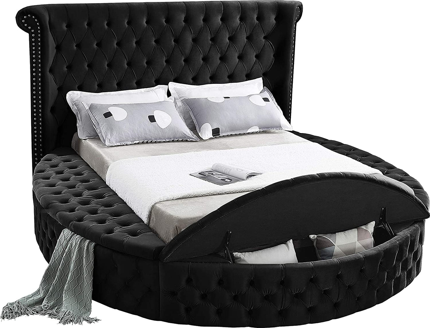 Luxus Collection Modern | Contemporary round Shaped Velvet Upholstered Bed with Deep Button Tufting and Footboard Storage, King, Black