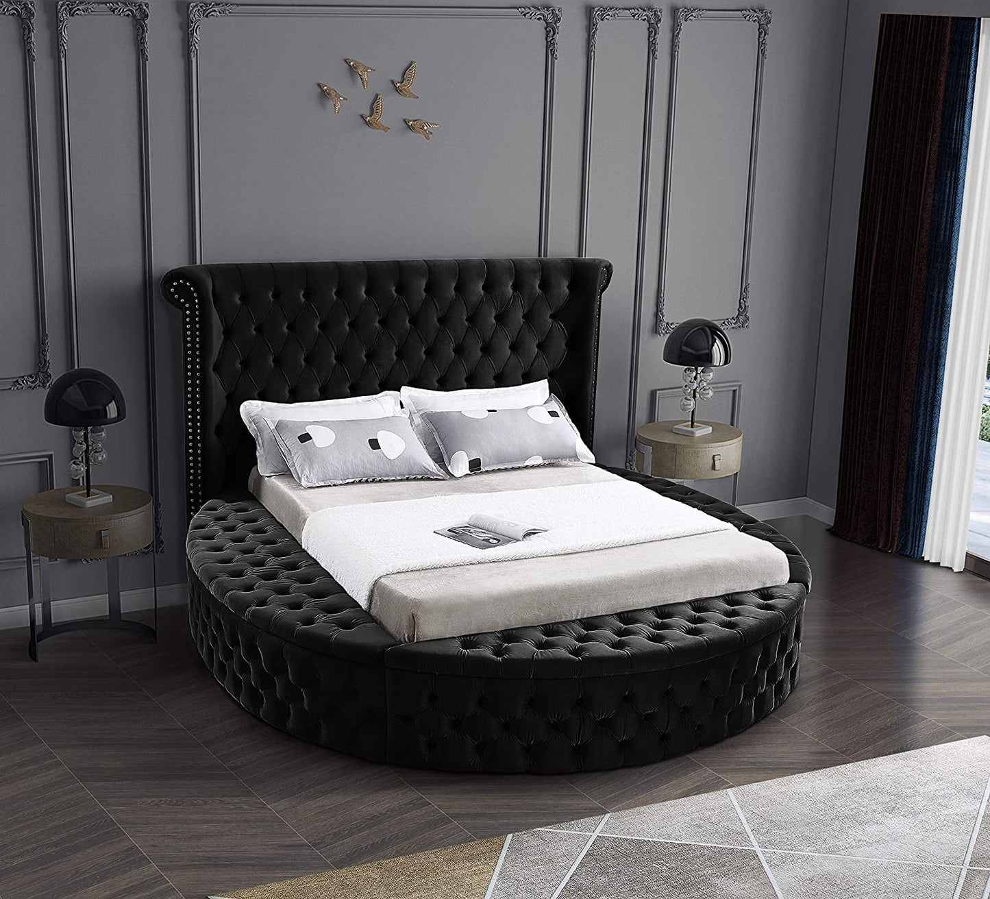 Luxus Collection Modern | Contemporary round Shaped Velvet Upholstered Bed with Deep Button Tufting and Footboard Storage, King, Black