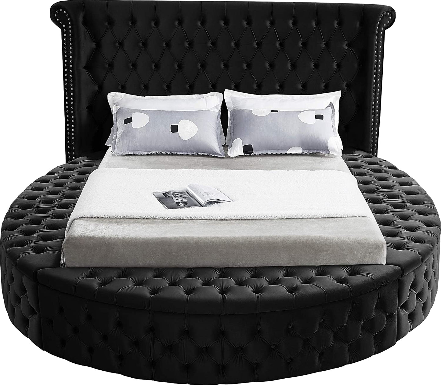 Luxus Collection Modern | Contemporary round Shaped Velvet Upholstered Bed with Deep Button Tufting and Footboard Storage, King, Black