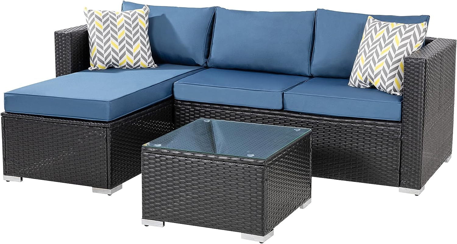 Patio Furniture Sets 3 Pieces Outdoor Sectional Sofa Black All-Weather Rattan Wicker Sofa Small Patio Conversation Couch with Washable Cushion and Glass Table(Aegean Blue)