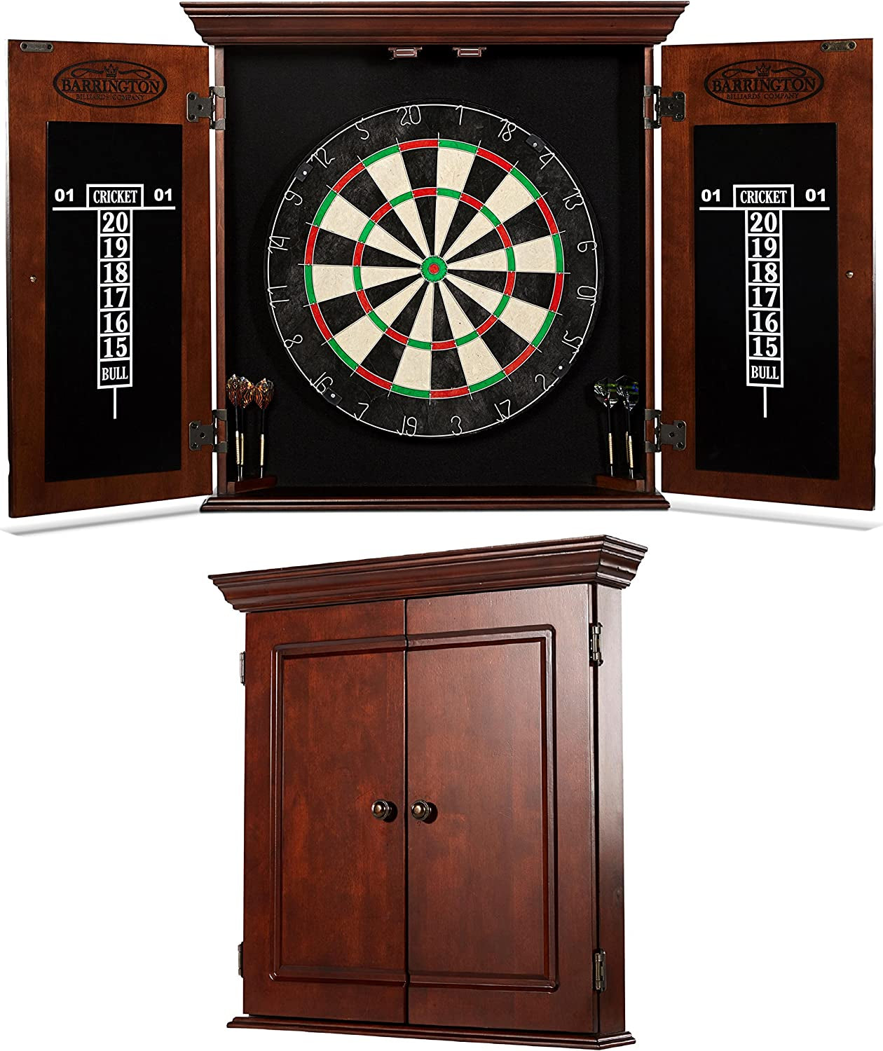 Barrington Dartboard Multiple Styles Pre-Assembled Wood Dartboard Cabinet Collection with 18” Bristle Dartboard & Steel Tip Dart Set, Perfect for Cricket Games