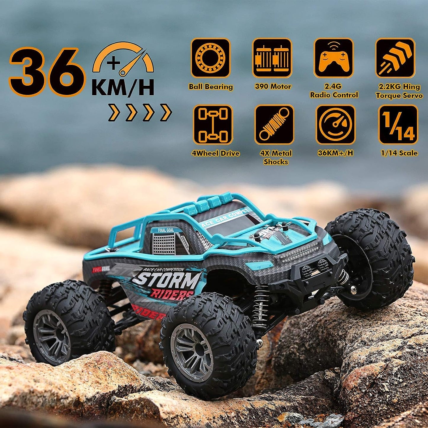 1:14 Large Scale High Speed Monster Truck Rock Crawler, Remote Control 4WD 36Km/H Off-Road RC Car Hobby Truck with 2 Rechargeable Batteries, All Terrain, Toys for Boys Kids and Adults Blue