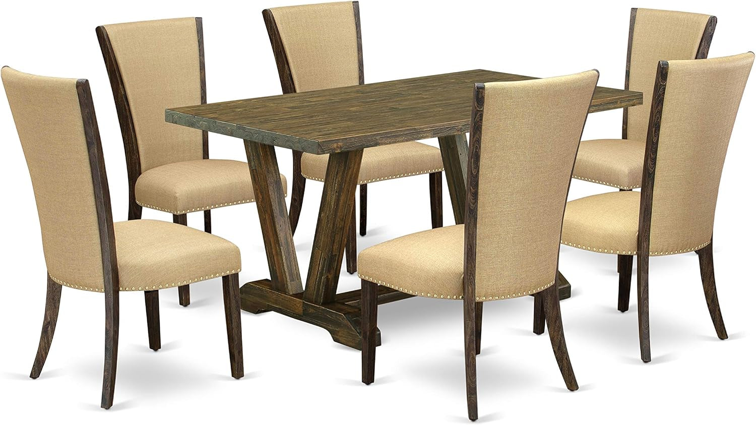 V-Style 7 Piece Set Consist of a Rectangle Dining Room Table with V-Legs and 6 Brown Linen Fabric Upholstered Chairs, 36X60 Inch, V776VE703-7