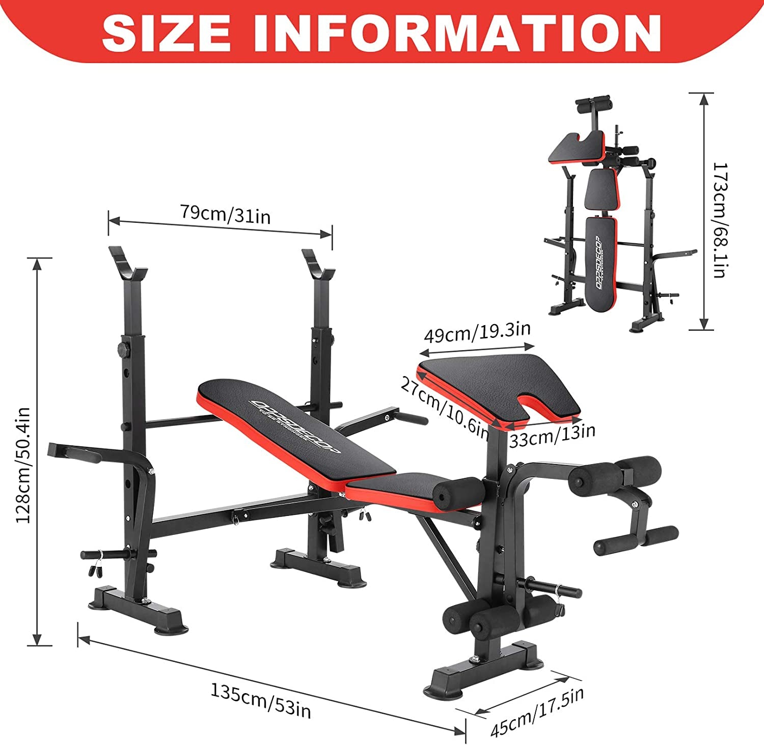 8 in 1 650Lbs Weight Bench Adjustable Workout Bench Set with Squat Rack Olympic Weight Bench Strength Training Leg Developer Preacher Curl and Barbell Rack Incline Seat for Home Gym OPX496