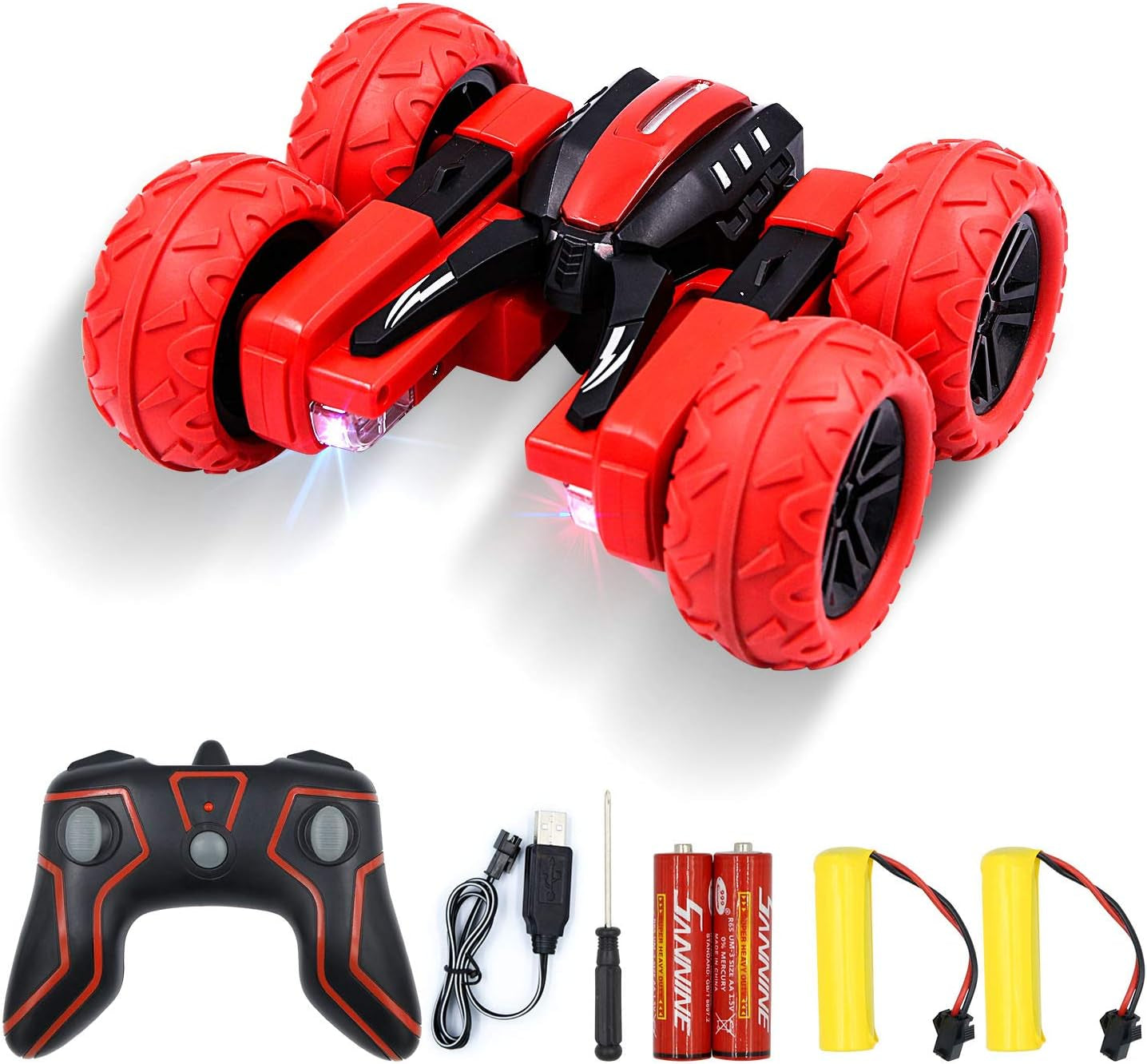 RC Cars Stunt Car Remote Control Car Double Sided Stunt Car 1:20 4WD 360° Flips Rotating Racing Car Toy for Boys and Girls with 2 Rechargeable Batteries (Red)