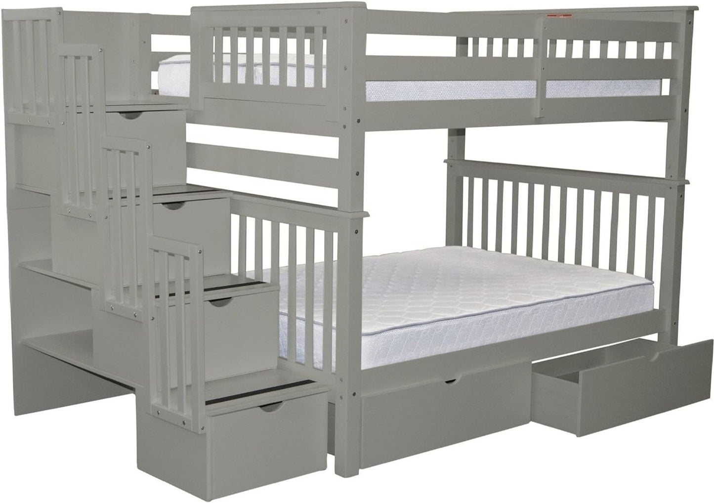 Stairway Bunk Beds Full over Full with 4 Drawers in the Steps and 2 under Bed Drawers, Gray