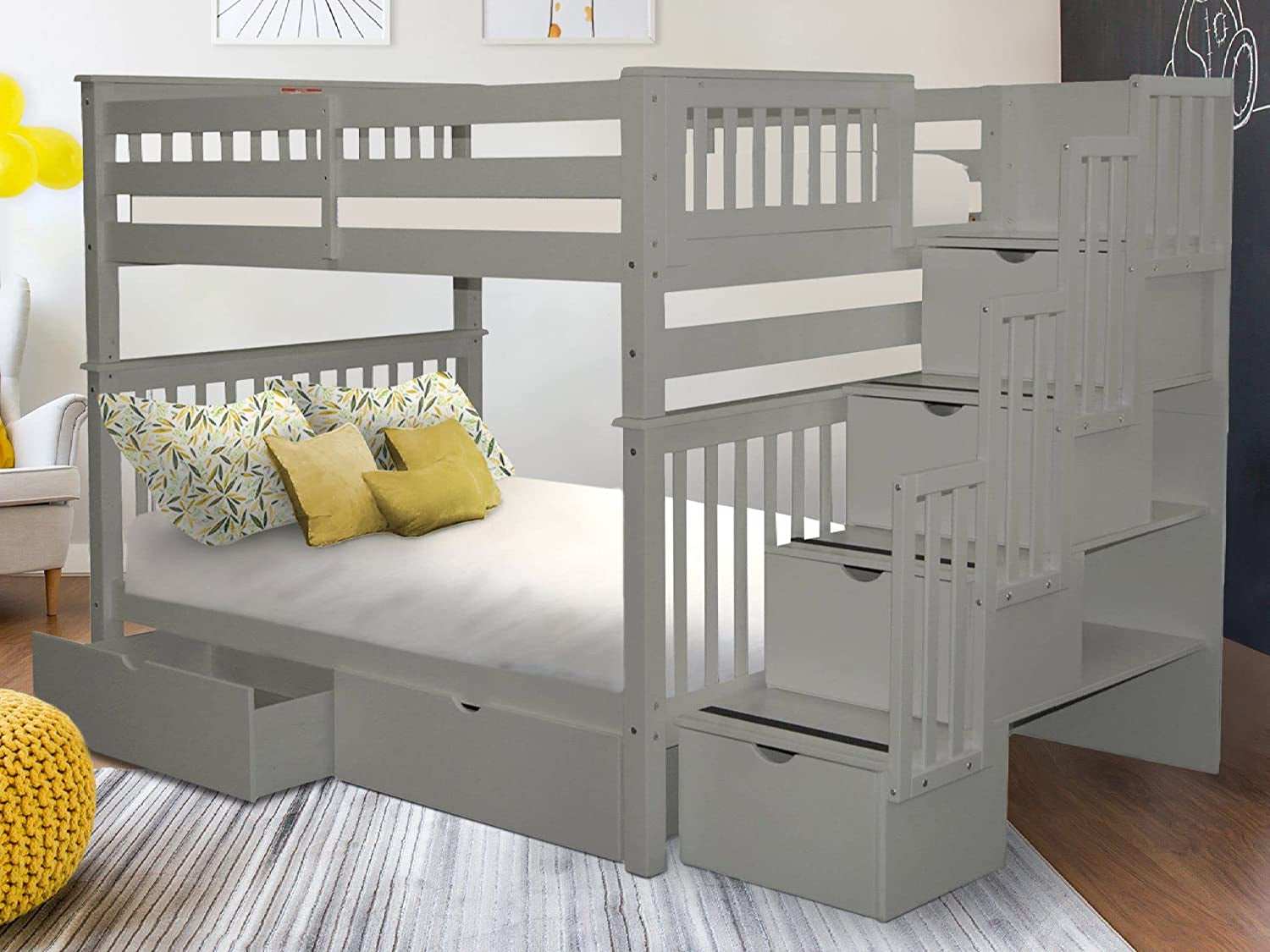 Stairway Bunk Beds Full over Full with 4 Drawers in the Steps and 2 under Bed Drawers, Gray