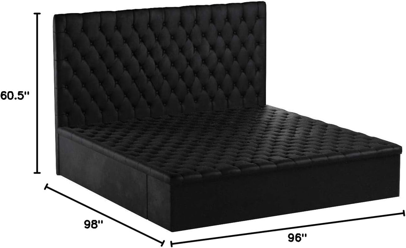 Bliss Collection Modern | Contemporary Velvet Upholstered Bed with Deep Button Tufting and Storage Compartments in Rails and Footboard, Black, King