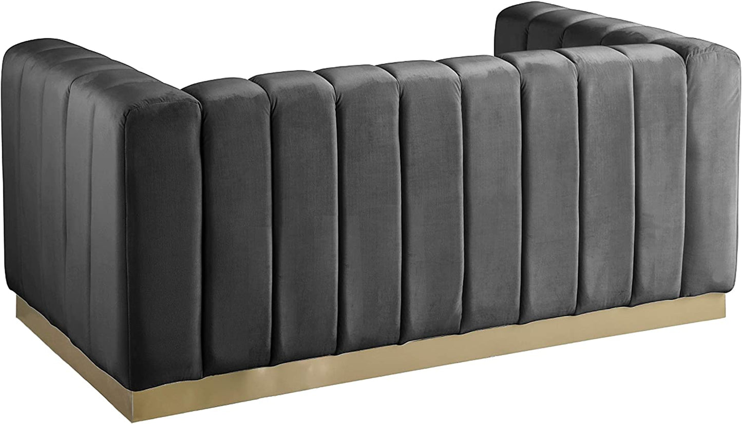 Marlon Collection Modern | Contemporary Velvet Upholstered Loveseat with Deep Channel Tufting, Stainless Steel Base in a Brushed Gold Finish, 62.5" W X 34" D X 28" H, Grey