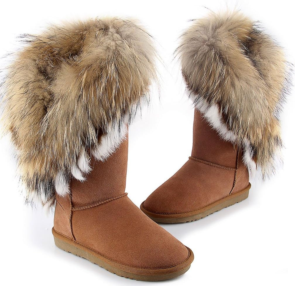 Womens Mid Calf Boots Cow Leather Fur Snow Boots