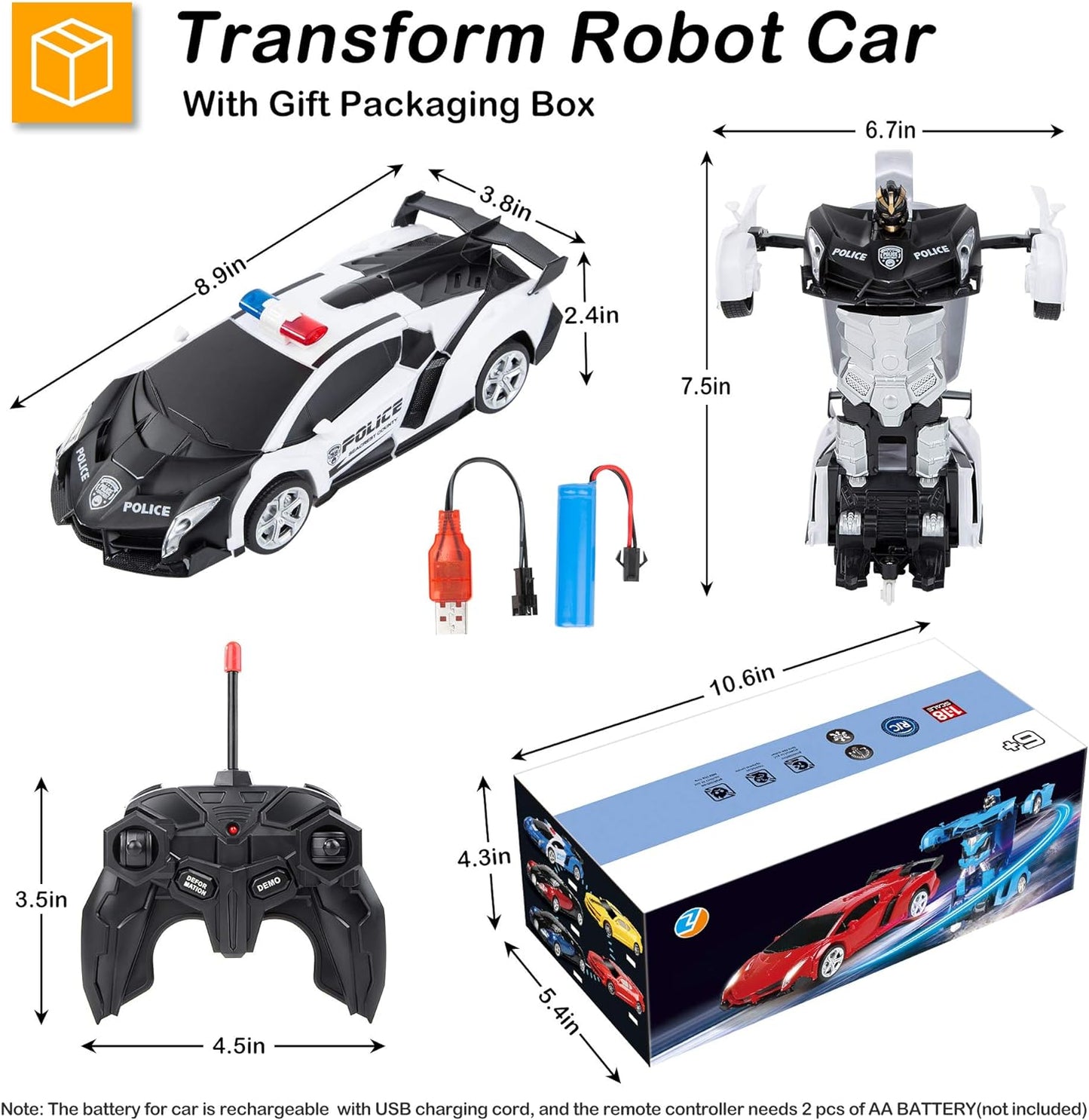 Remote Control Car, Transform Robot RC Car for Kids, One-Key Deformation Car, 1:18 Scale Racing Car with 360°Drifting, Transforming Robot Car Toys Gift for Boys Girls RC Cars (Police Black)