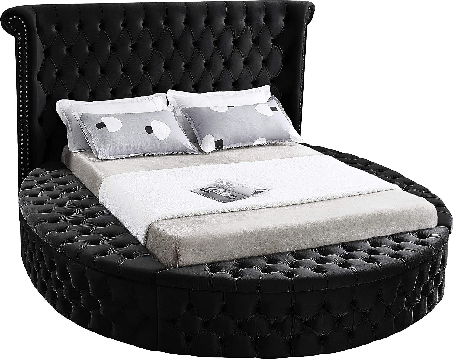 Luxus Collection Modern | Contemporary round Shaped Velvet Upholstered Bed with Deep Button Tufting and Footboard Storage, King, Black