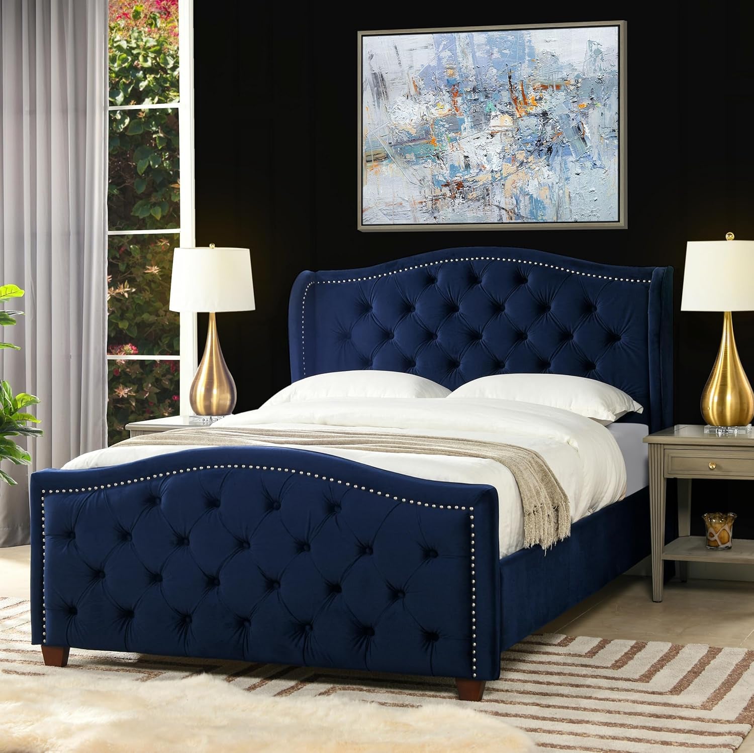 Anastasia Upholstered Shelter Headboard Bed Set, Queen, Navy Blue Velvet