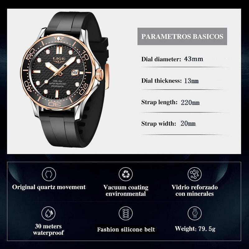 2021 Mens Watches Silicone Strap Waterproof Watch for Men LIGE Top Brand Luxury Sports Men Quartz Wristwatch Relogio Masculino