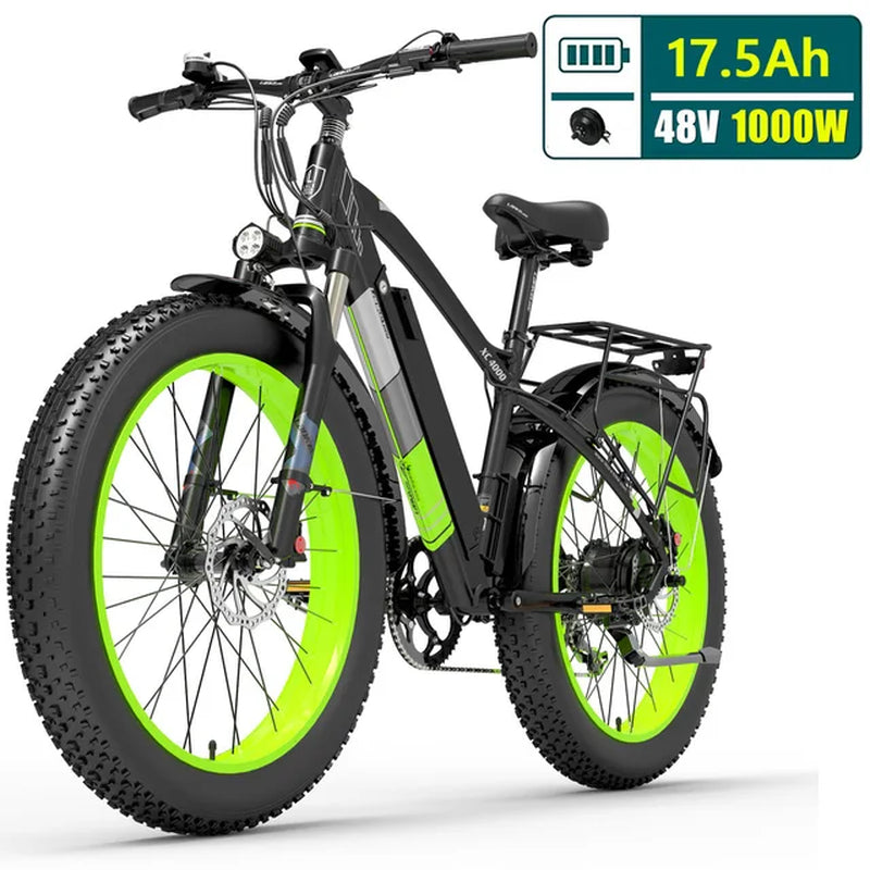 XC4000 26'' Fat Bike 7 Speed 48V 1000W Electric Bike 5 PAS Mountain Bike Snow Bike Top Brand Derailleur