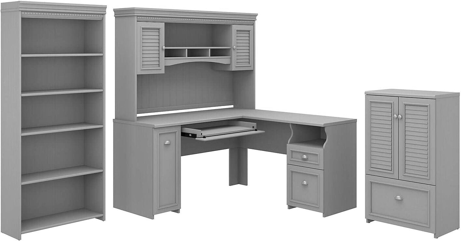 Fairview L Shaped Desk with Hutch, 5 Shelf Bookcase and Storage, 60W, Cape Cod Gray