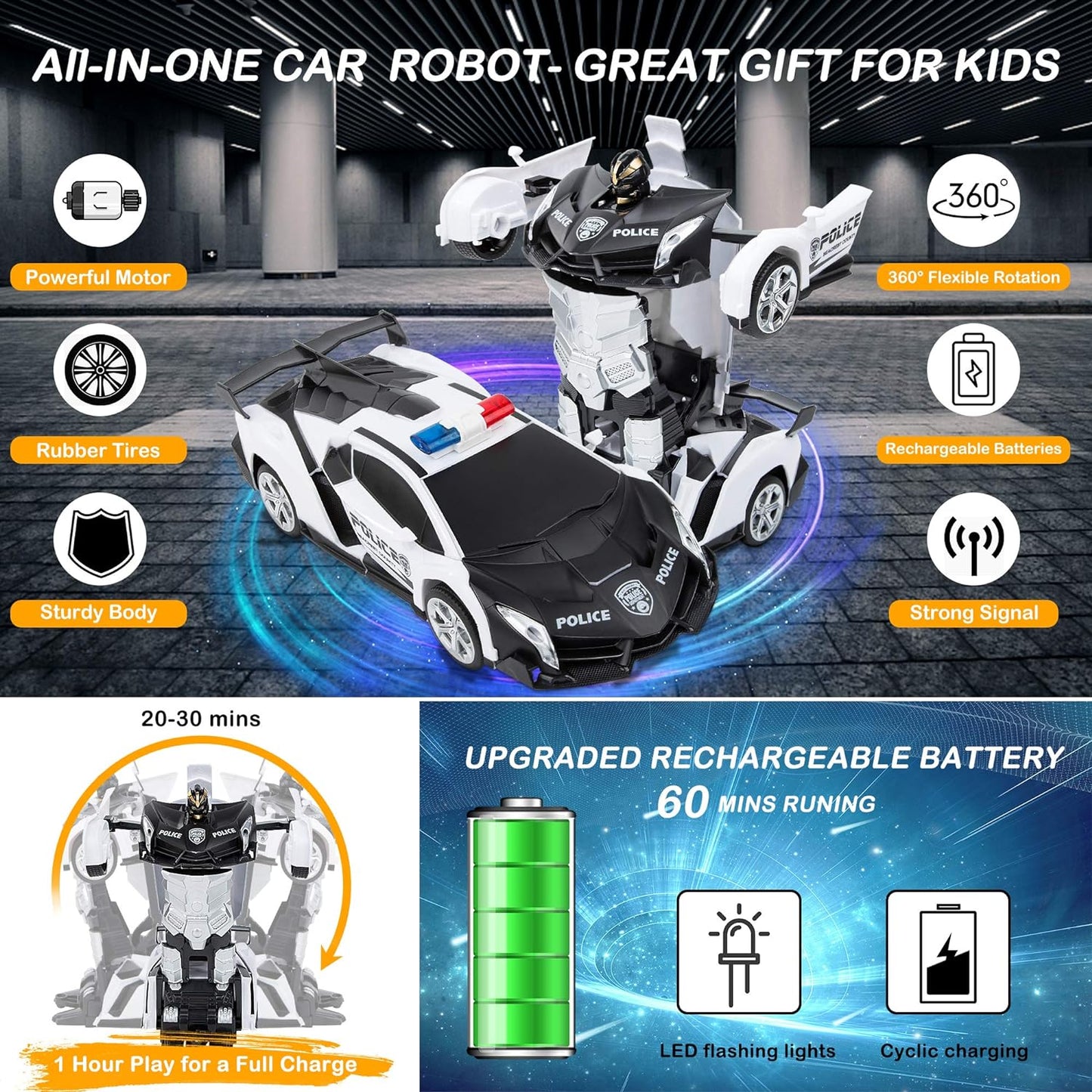 Remote Control Car, Transform Robot RC Car for Kids, One-Key Deformation Car, 1:18 Scale Racing Car with 360°Drifting, Transforming Robot Car Toys Gift for Boys Girls RC Cars (Police Black)