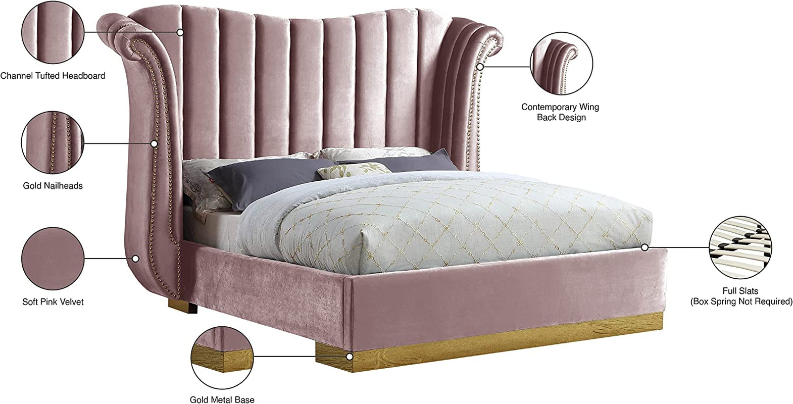 Flora Collection Modern | Contemporary Velvet Upholstered Bed Nailheads, Deep Channel Tufting and Gold Metal Base, King, Pink