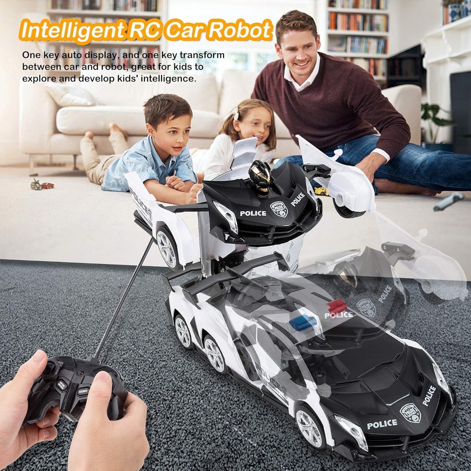 Remote Control Car, Transform Robot RC Car for Kids, One-Key Deformation Car, 1:18 Scale Racing Car with 360°Drifting, Transforming Robot Car Toys Gift for Boys Girls RC Cars (Police Black)