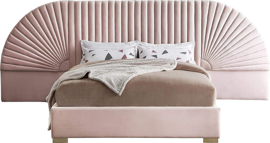 Cleo Collection Modern | Contemporary Velvet Upholstered Bed with Gold Steel Legs and Removable Panels, King, Pink