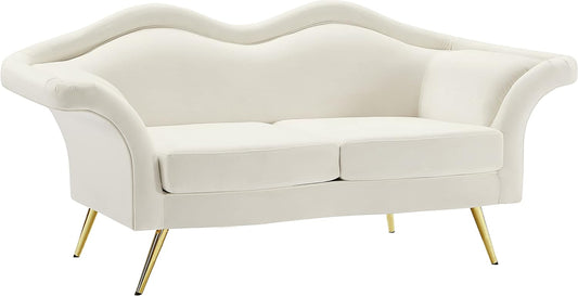 Lips Collection Velvet Upholstered Loveseat with Sturdy Gold Metal Legs, Cream