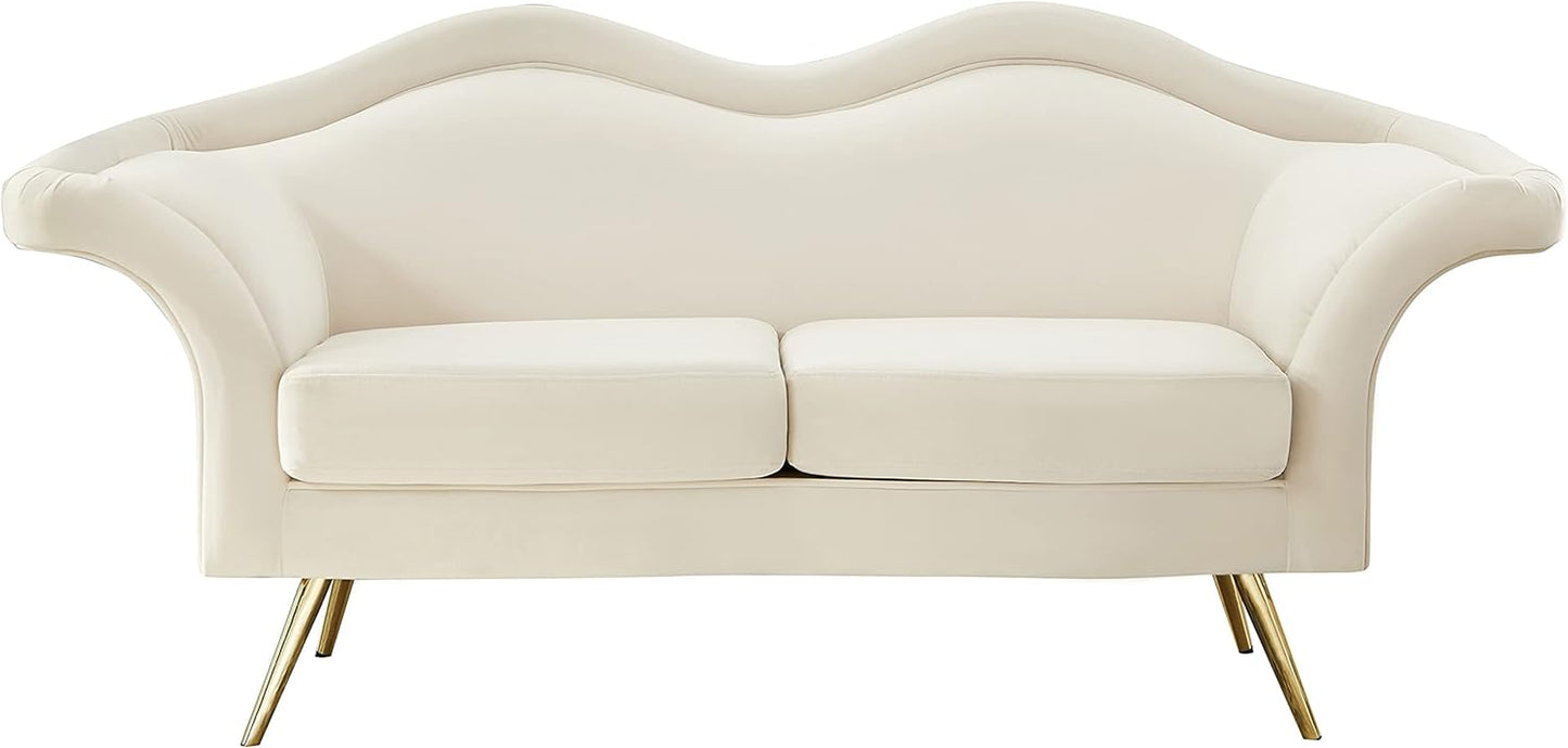 Lips Collection Velvet Upholstered Loveseat with Sturdy Gold Metal Legs, Cream