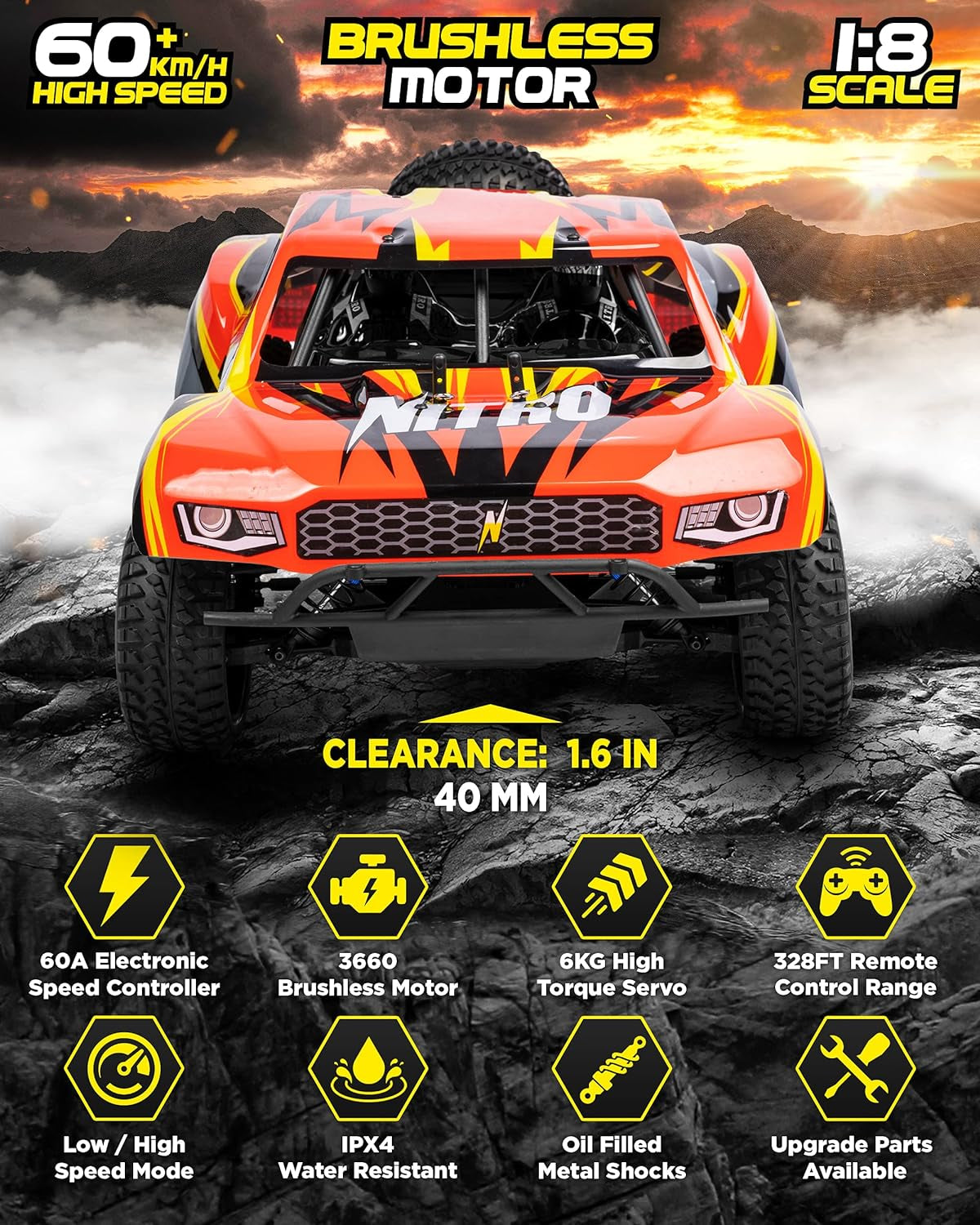 RC Cars - 4X4 Nitro Offroad Short Course RC Truck for Adults and Kids - Fast Speed, Waterproof, Electric, Hobby Grade Car - 1:8 Scale, Brushless, Orange