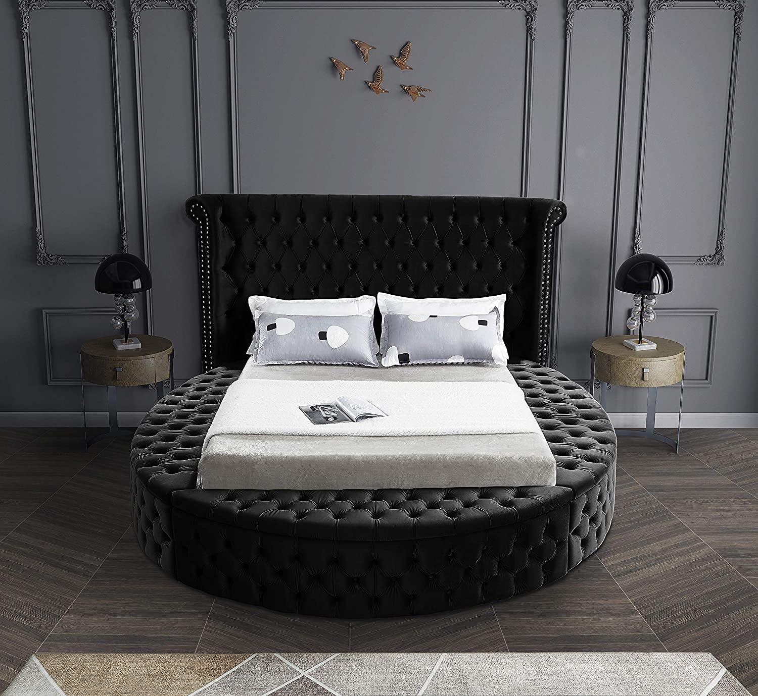 Luxus Collection Modern | Contemporary round Shaped Velvet Upholstered Bed with Deep Button Tufting and Footboard Storage, King, Black