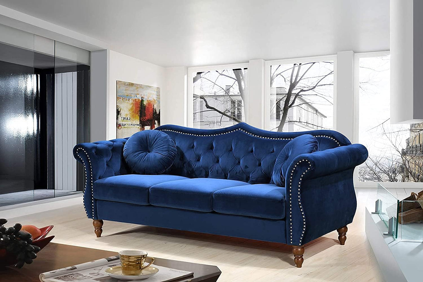 Anna1 Classic Nailhead Chesterfield Velvet Couch, Sofa & Loveseat, Blue