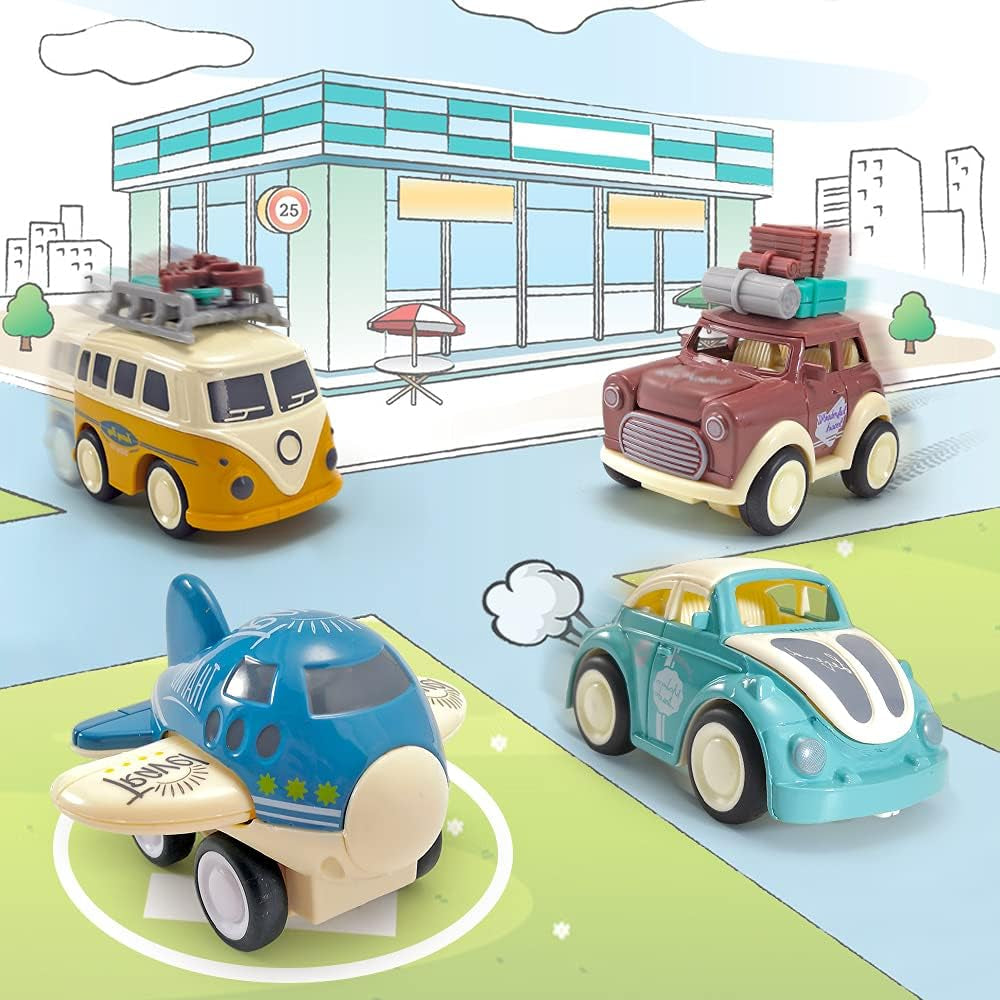 Diecast Car Toy,Push & Go Vehicle Toy,4 PCS Friction Powered W/Moveable Body Part Classic Car Toy,Include Plant,Bus,Wagon and Car for Boys and Girls (Style A)…