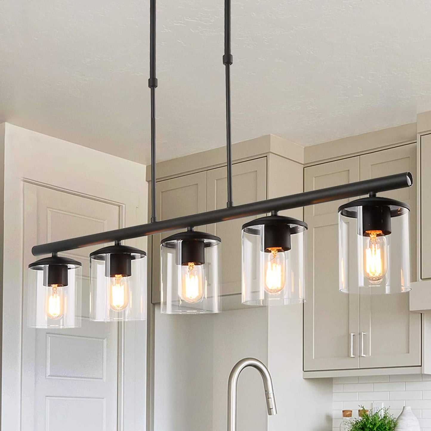 Black Farmhouse Chandelier, 5-Light Island Lights for Kitchen in Metal Finish with Clear Glass Shades, 37" Dining Room Chandelier, Linear Pendant Lighting for Foyer, Bar, Pool Table