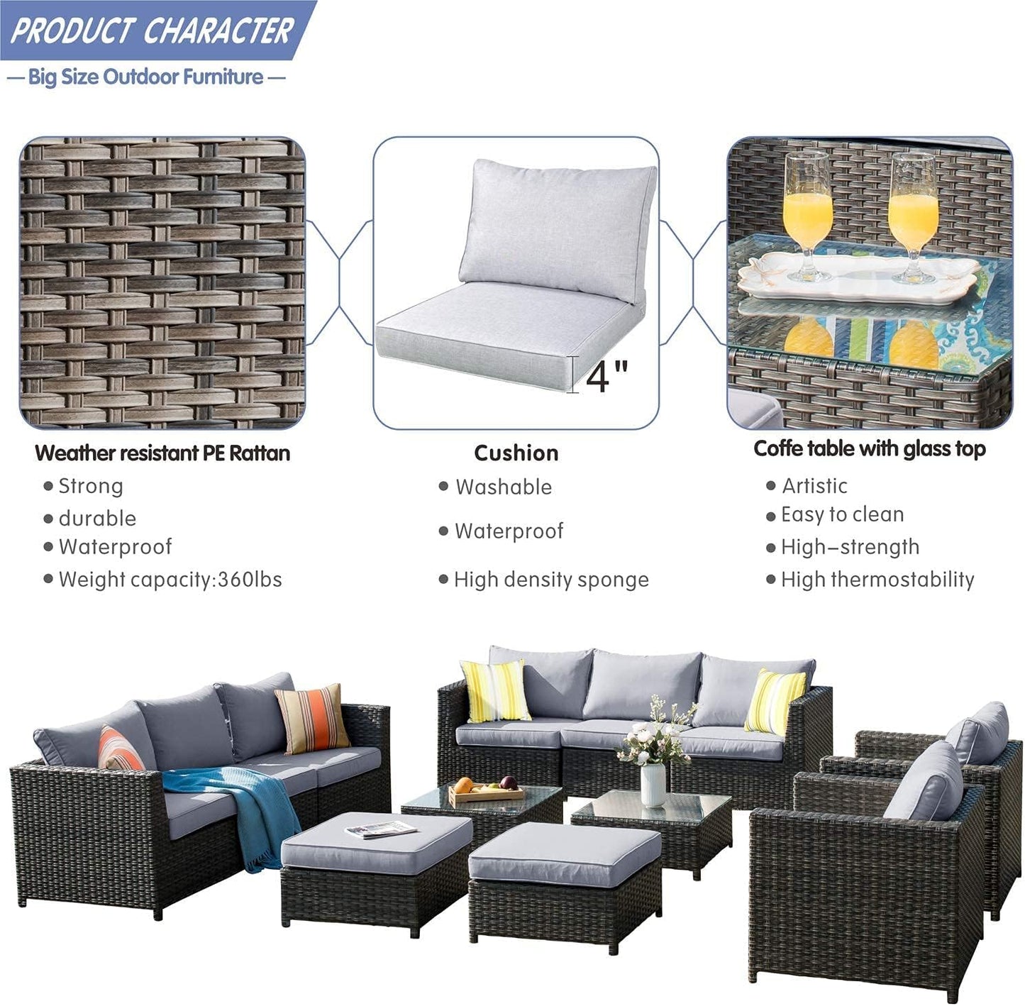 Patio Furniture Set 12 Pieces Outdoor Conversation Set All Weather Wicker Rattan Sectional Sofa Sets with Thick Cushions Fully Assembled Furniture, Big Size, Grey Wicker, Grey