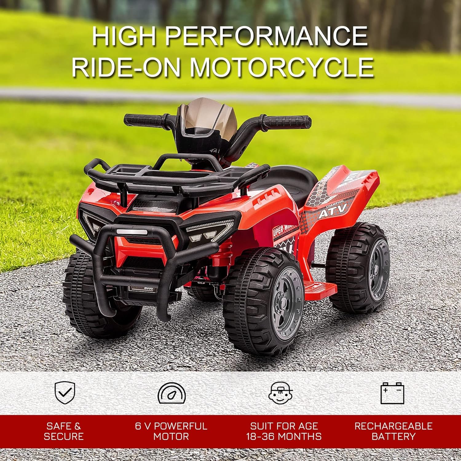 Kids Ride-On ATV Four Wheeler Car 6V Battery Powered Motorcycle with Music for 18-36 Months, Red