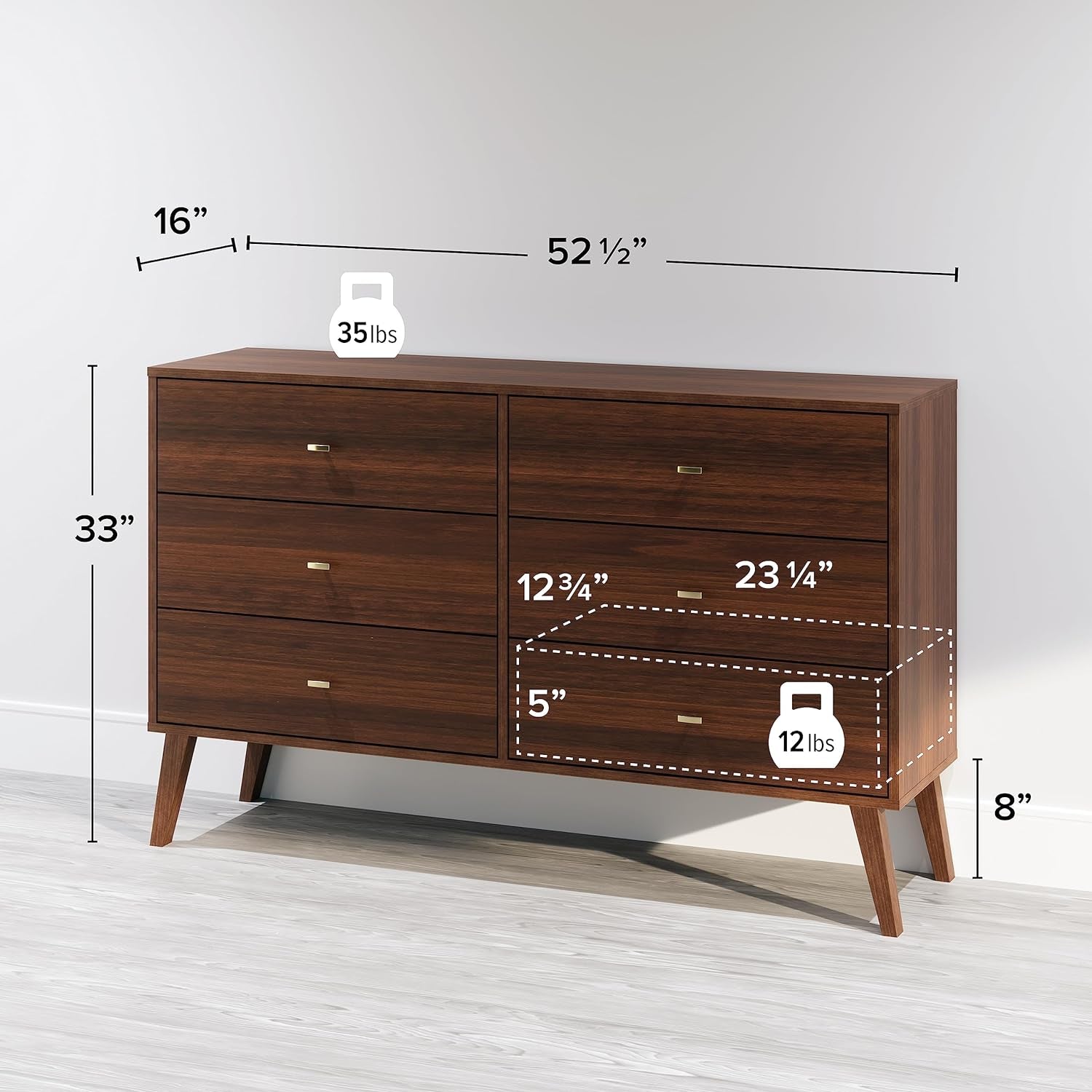 Milo Mid-Century 6 Drawer Dresser for Bedroom, 16" D X 52.50" W X 33" H, Cherry