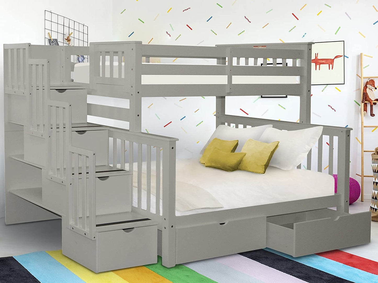 Stairway Bunk Beds Twin over Full with 4 Drawers in the Steps and 2 under Bed Drawers, Gray