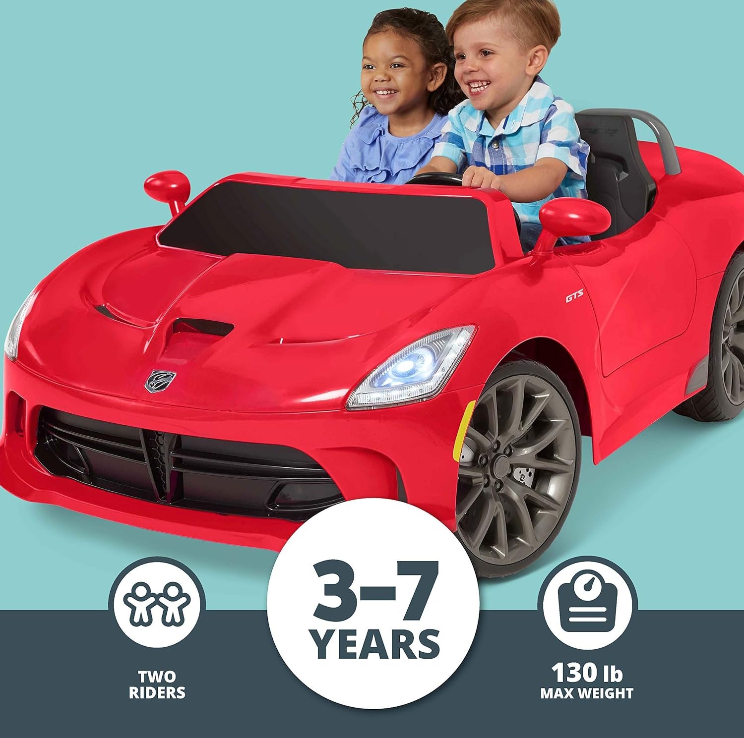 Dodge Viper SRT Convertible Toddler Ride on Toy, Ages 3-7 Years Old, 12 Volt Battery, Max Weight of 130 Lbs, Two Seater, Working Lights, Red