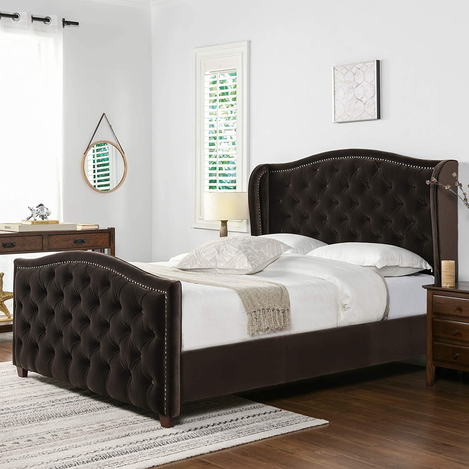 Anastasia Upholstered Shelter Headboard Bed Set, Queen, Deep Brown Performance Velvet