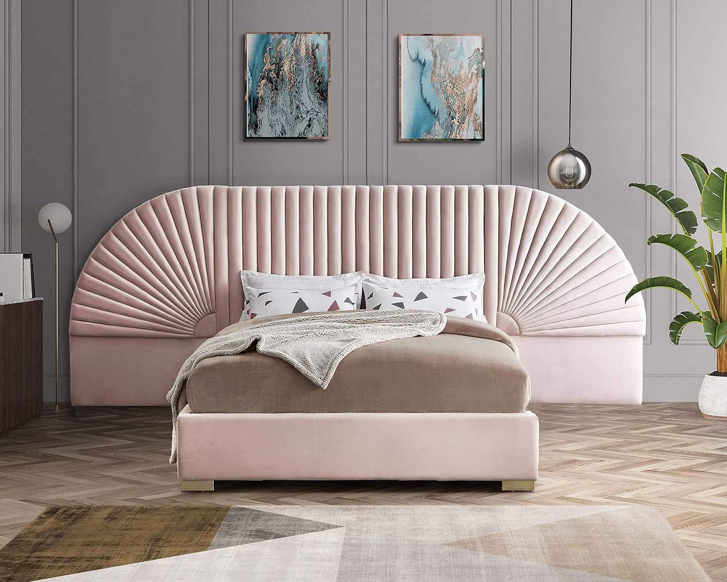 Cleo Collection Modern | Contemporary Velvet Upholstered Bed with Gold Steel Legs and Removable Panels, King, Pink