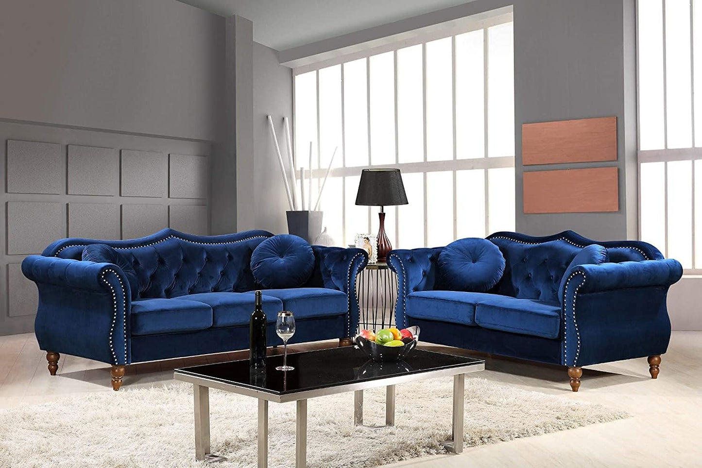 Anna1 Classic Nailhead Chesterfield Velvet Couch, Sofa & Loveseat, Blue