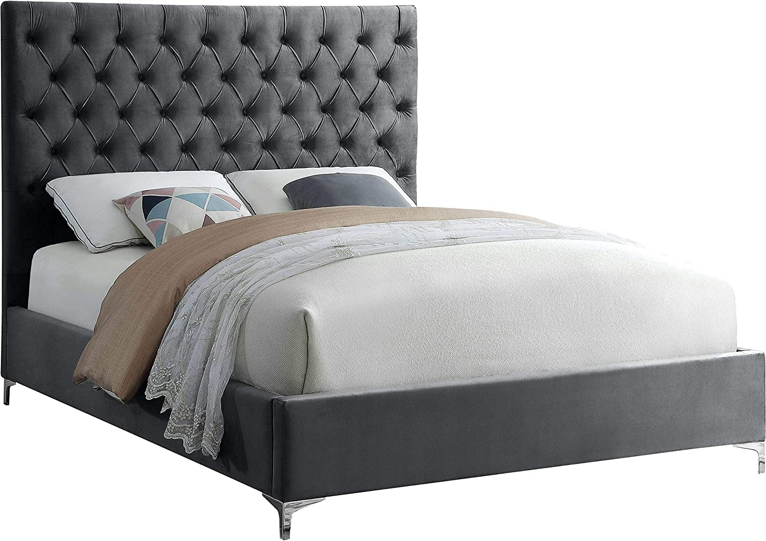 Cruz Collection Modern | Contemporary Velvet Upholstered Bed with Deep Button Tufting and Complete Sets of Gold and Chrome Legs Included, Full, Grey