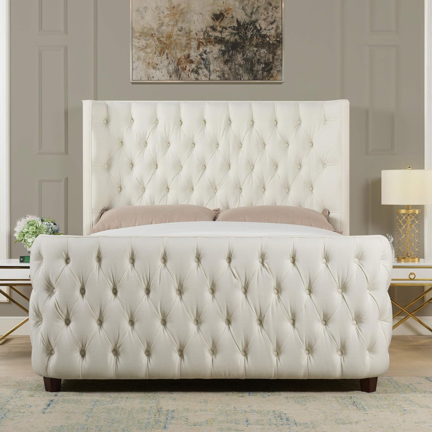 Brooklyn Queen Tufted Panel Bed Headboard and Footboard Set, Antique White Polyester