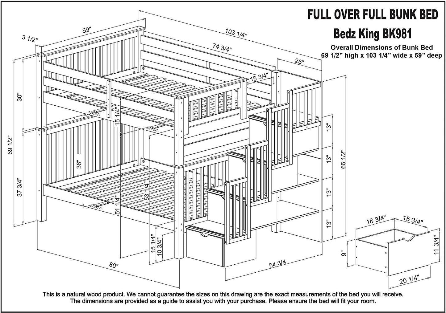 Stairway Bunk Beds Full over Full with 4 Drawers in the Steps and 2 under Bed Drawers, Gray