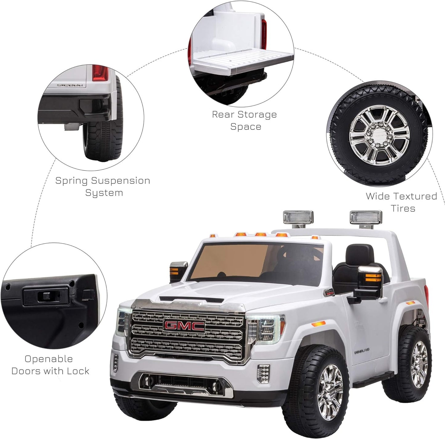 12V GMC Sierra HD Battery Kids Ride on Car with Remote Control, Bright Headlights, & Working Suspension, White