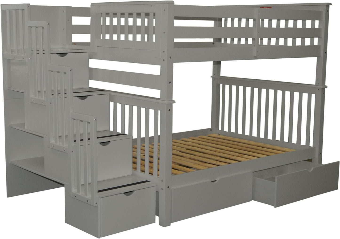 Stairway Bunk Beds Full over Full with 4 Drawers in the Steps and 2 under Bed Drawers, Gray