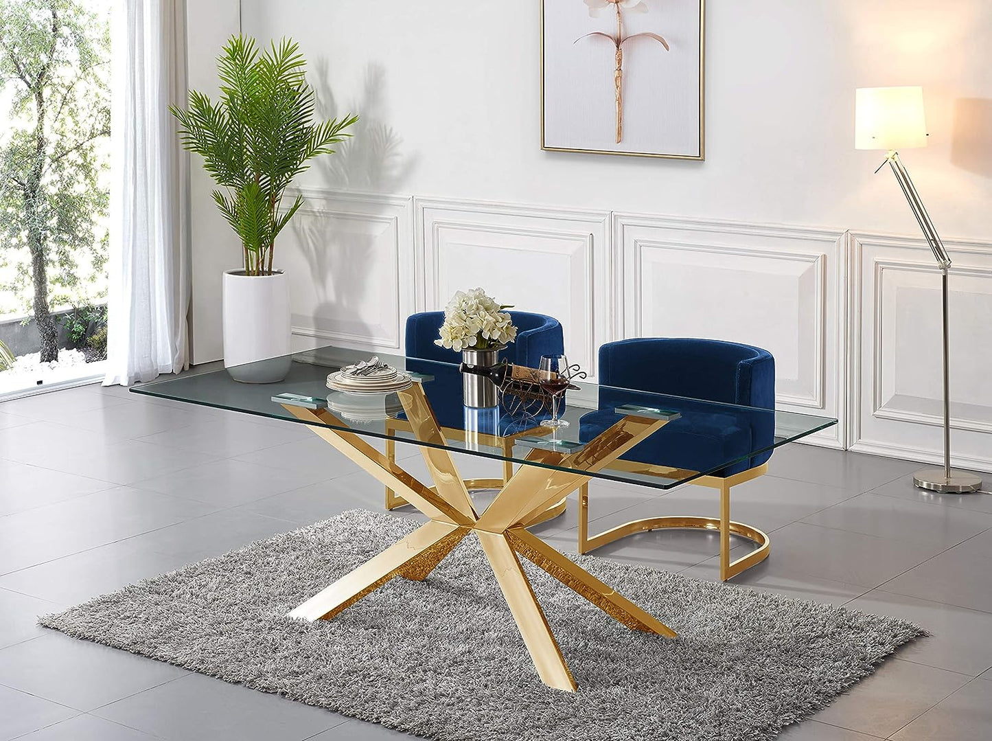 Gianna Collection Modern | Contemporary Velvet Upholstered Dining Chair with Polished Gold Metal Frame, 24" W X 22" D X 29.5" H, Navy