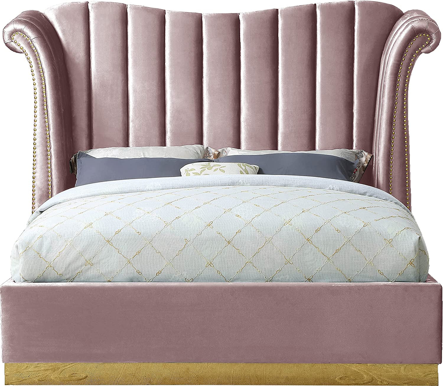 Flora Collection Modern | Contemporary Velvet Upholstered Bed Nailheads, Deep Channel Tufting and Gold Metal Base, King, Pink