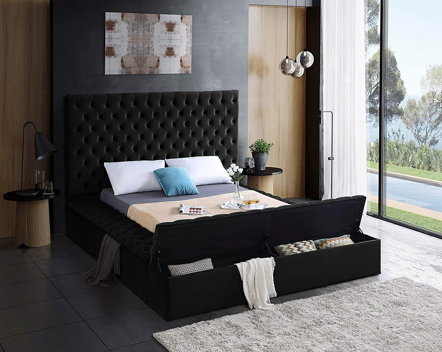 Bliss Collection Modern | Contemporary Velvet Upholstered Bed with Deep Button Tufting and Storage Compartments in Rails and Footboard, Black, King